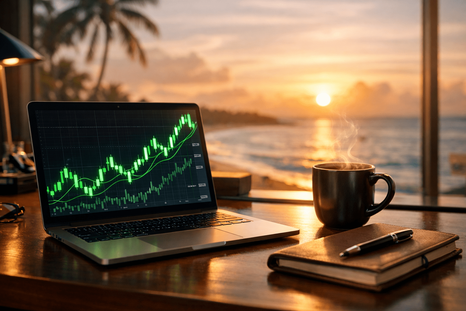 A laptop showing stock charts representing the best passive income streams for financial freedom.