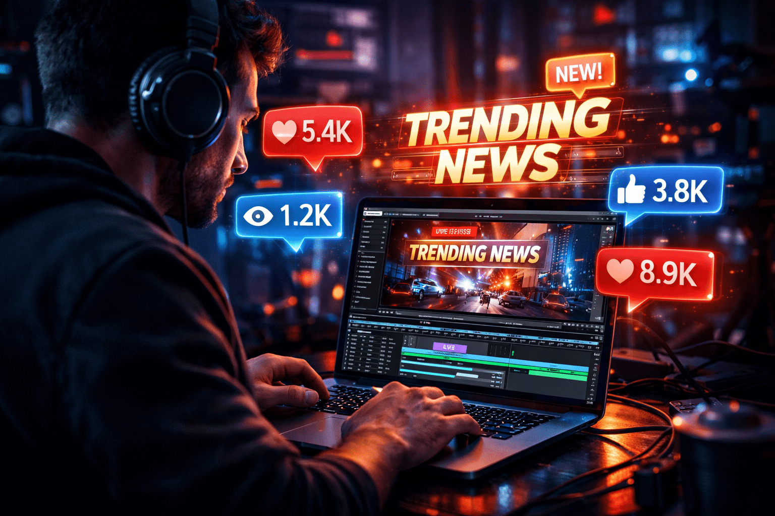 Creator using AI video editing tools to edit viral news reels and shorts fast.