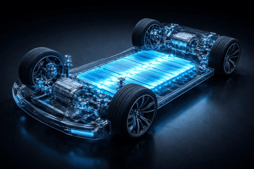 Advanced solid-state car battery technology inside an electric vehicle.