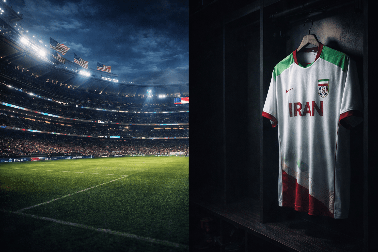 A split image of a stadium and an empty jersey representing the breaking news: Iran's sports minister says football team will not play at 2026 World Cup.
