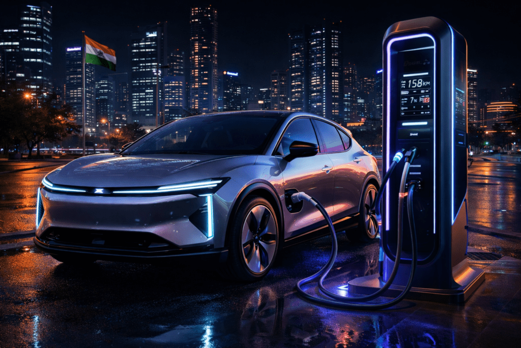 Electric Upcoming Cars in India 2026 at charging station