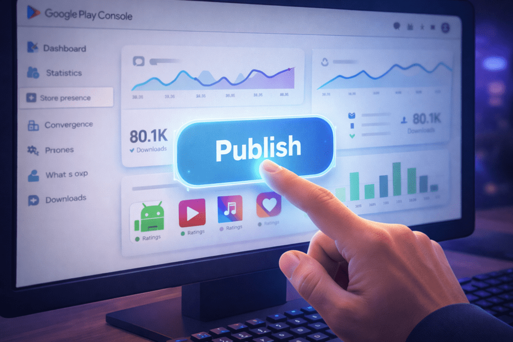 Developer successfully publishing an Android application on the Google Play Console dashboard