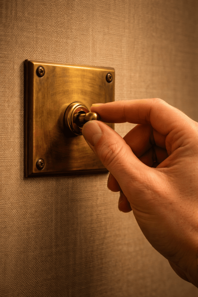 A mechanical brass switch representing the Analog Renaissance 2026 luxury interior.