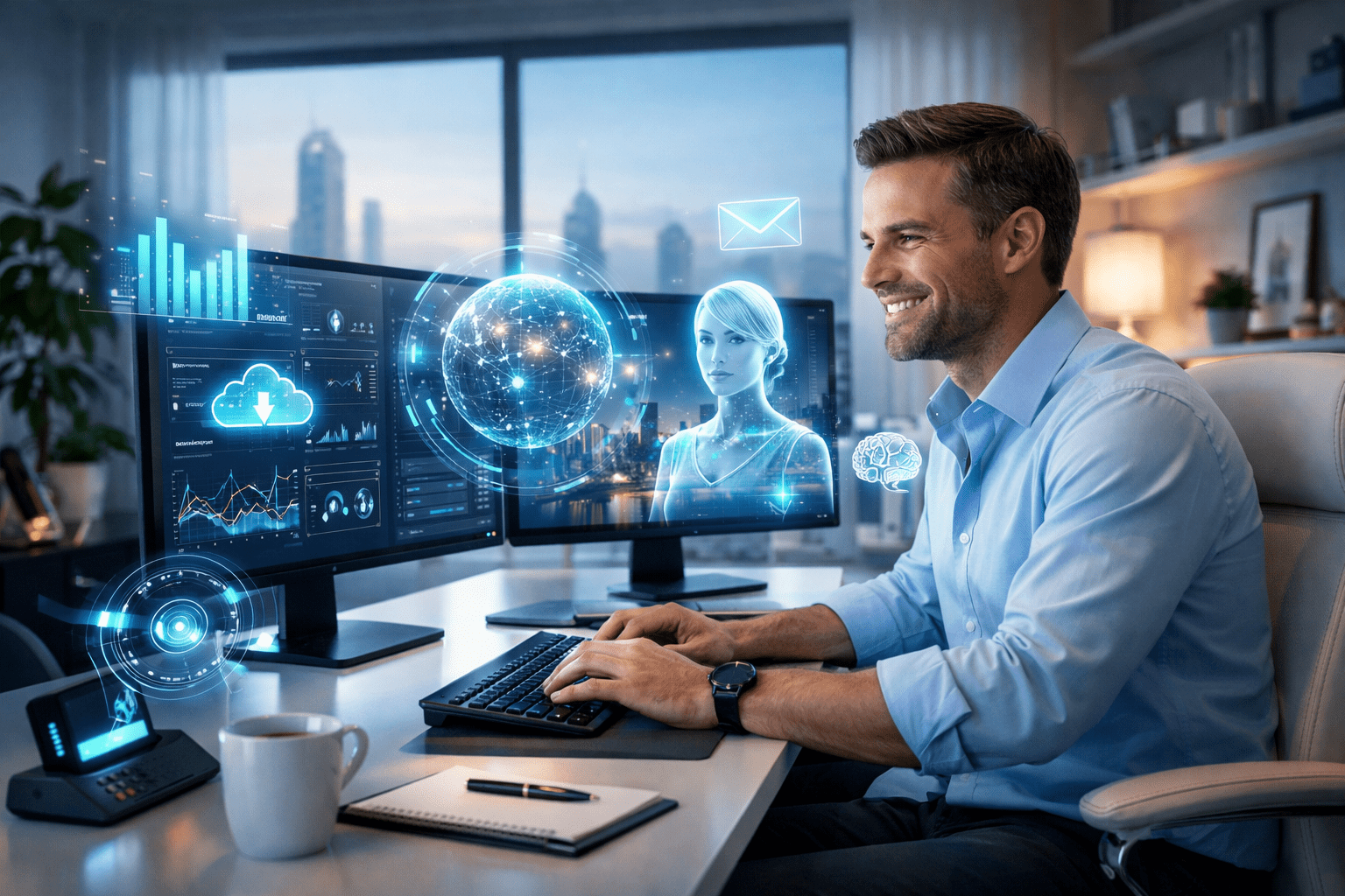 Professional working with the best daily AI tools for productivity in a modern home office.