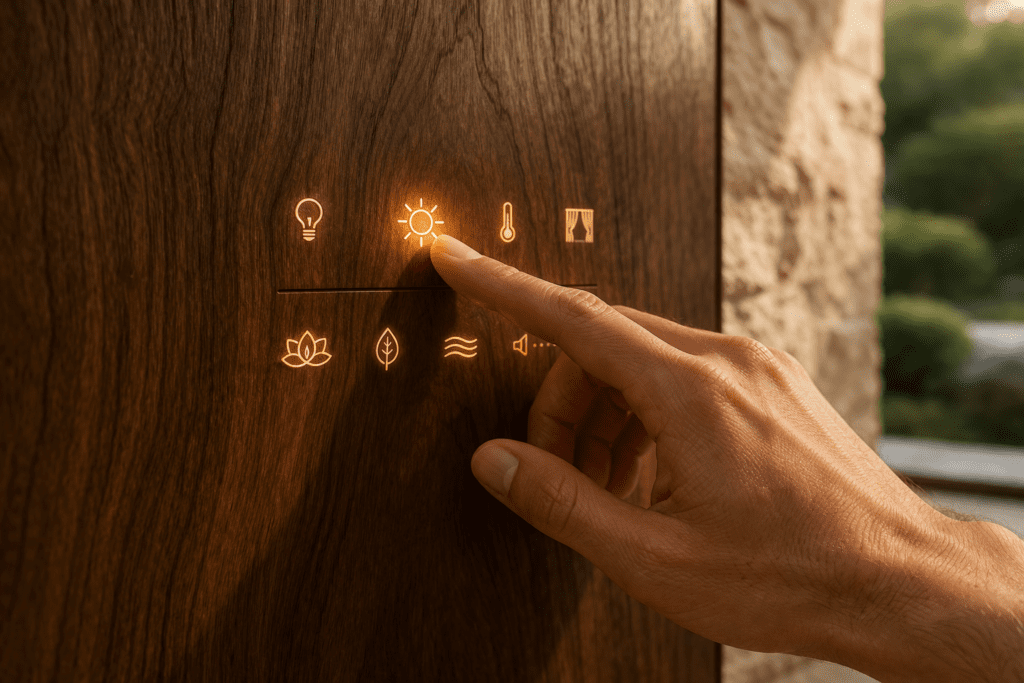 Stealth-Tech Interior Design 2026 featuring hidden haptic controls in a luxury lounge.