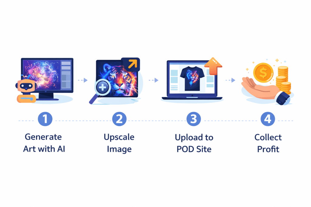 The step-by-step workflow for AI Print on Demand.