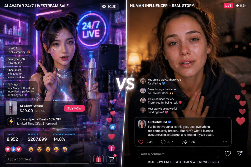 Sales strategies of AI Influencers vs Human Influencers on social media.