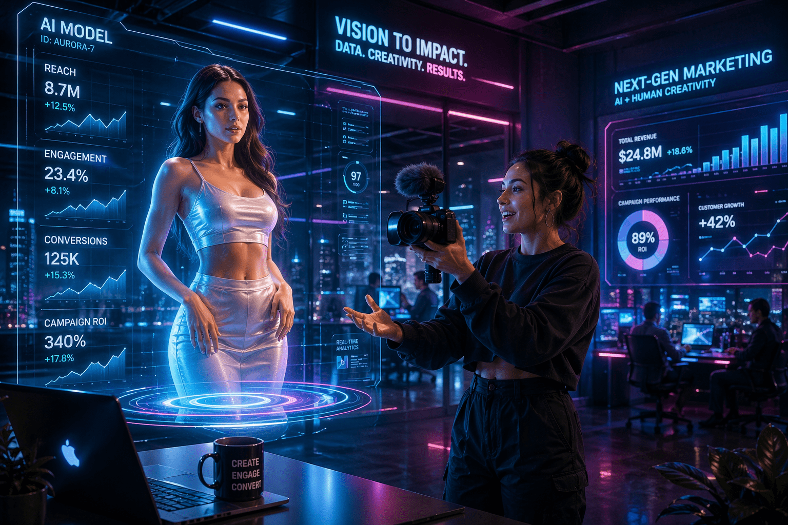 A comparison of AI Influencers vs Human Influencers in a 2026 marketing setup.