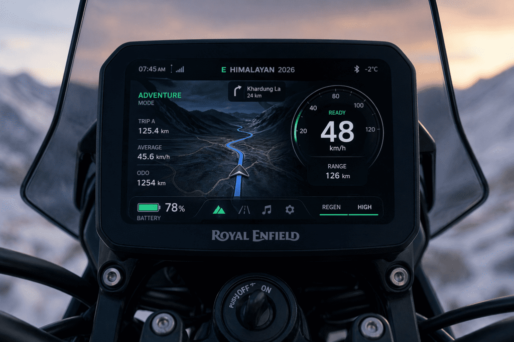 Digital dashboard features of the Electric Himalayan 2026.