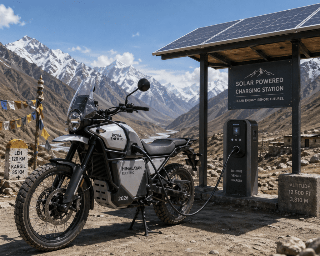 Sustainable charging infrastructure for Electric Himalayan 2026 in remote areas.