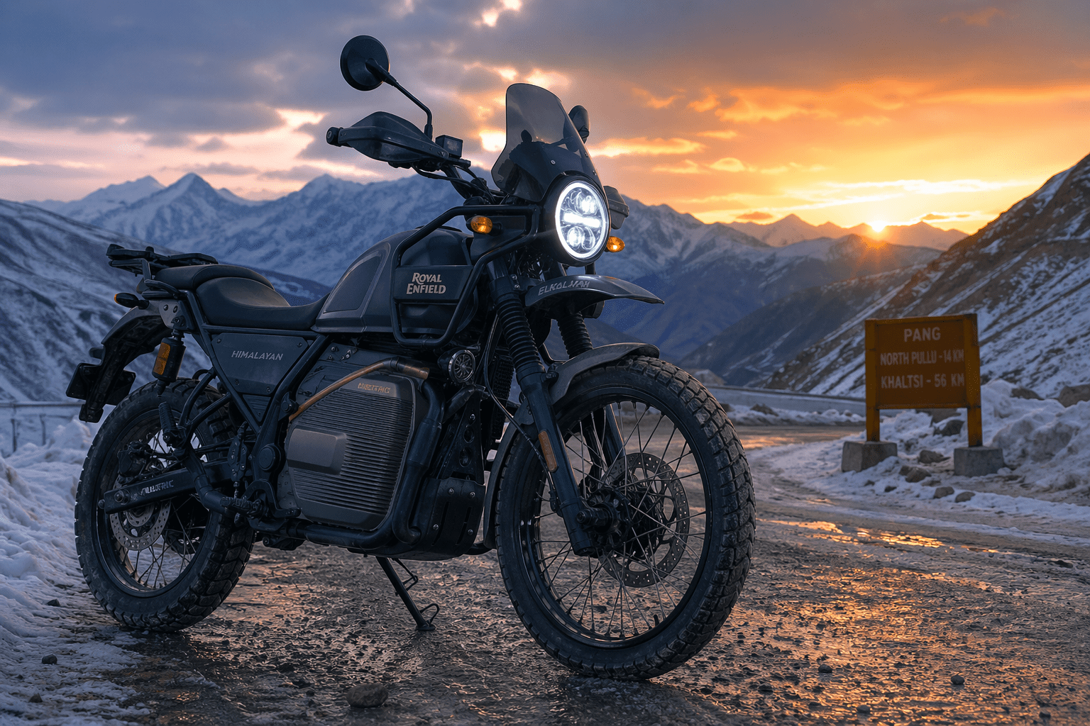The futuristic Electric Himalayan 2026 parked in the mountains.