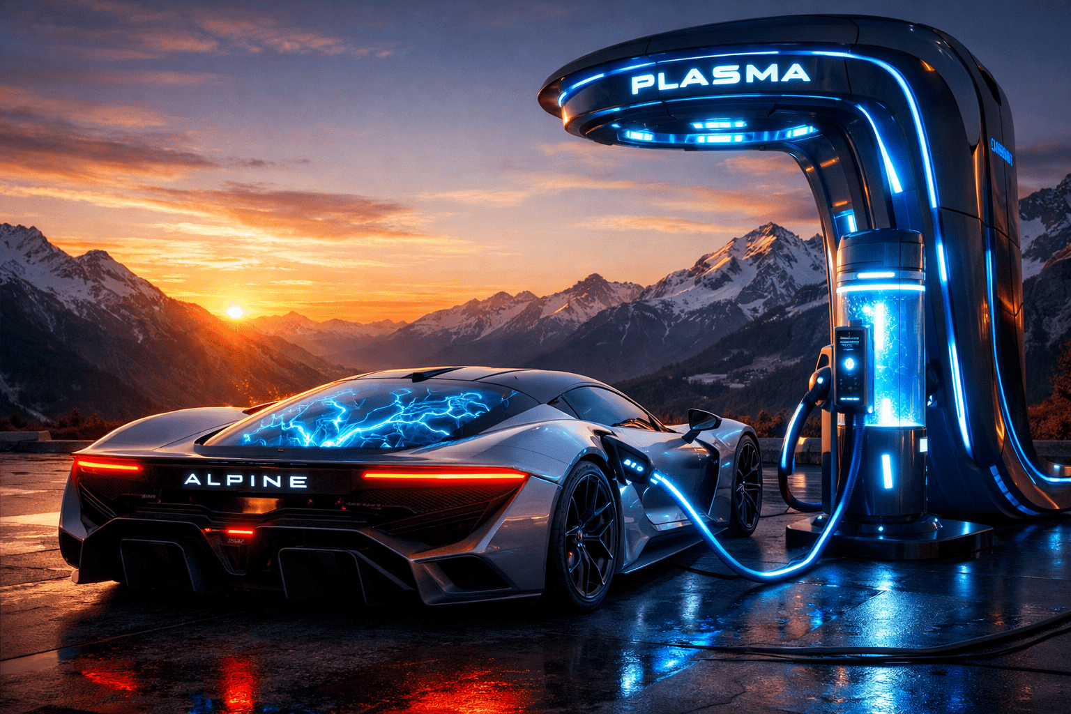 A futuristic Alpine Hydrogen-Plasma Hypercar at a refueling station.