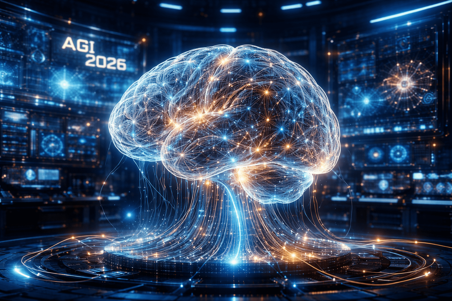 Future of AGI 2026 digital neural network and artificial intelligence brain visualization