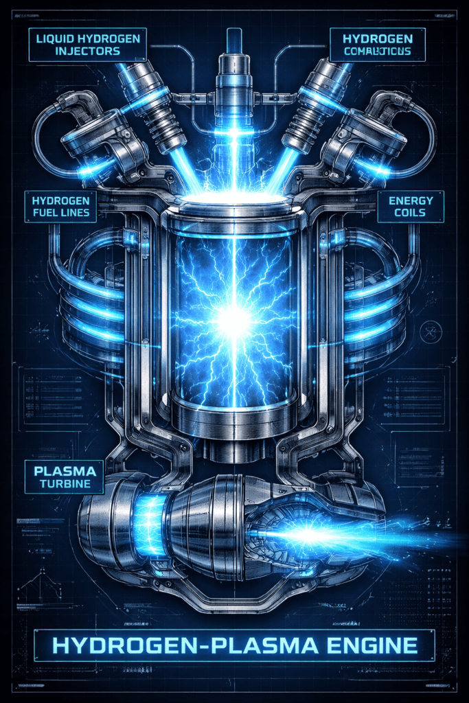 Technical internal view of a Hydrogen-Plasma Hypercar engine mechanism.