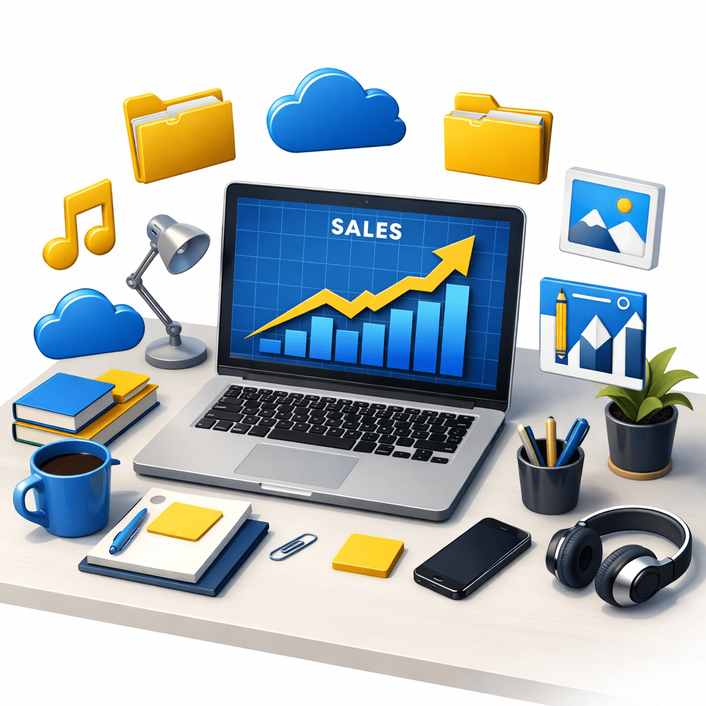 A professional 3D workspace showing passive income from digital product bundles sales growth.