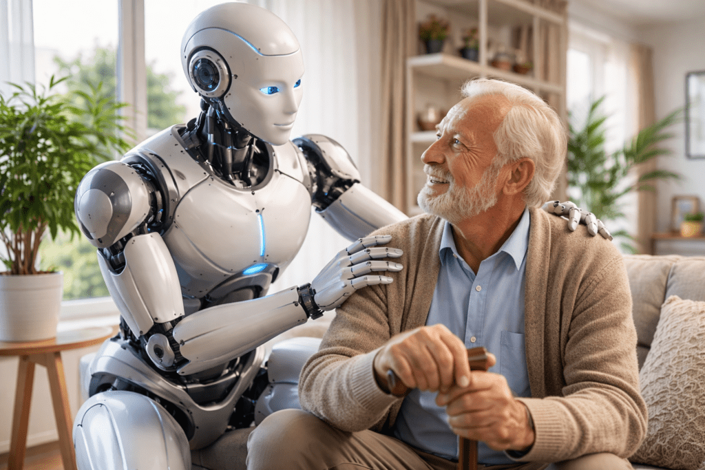 Humanoid robot assisting elderly person representing Future of AGI 2026 synergy