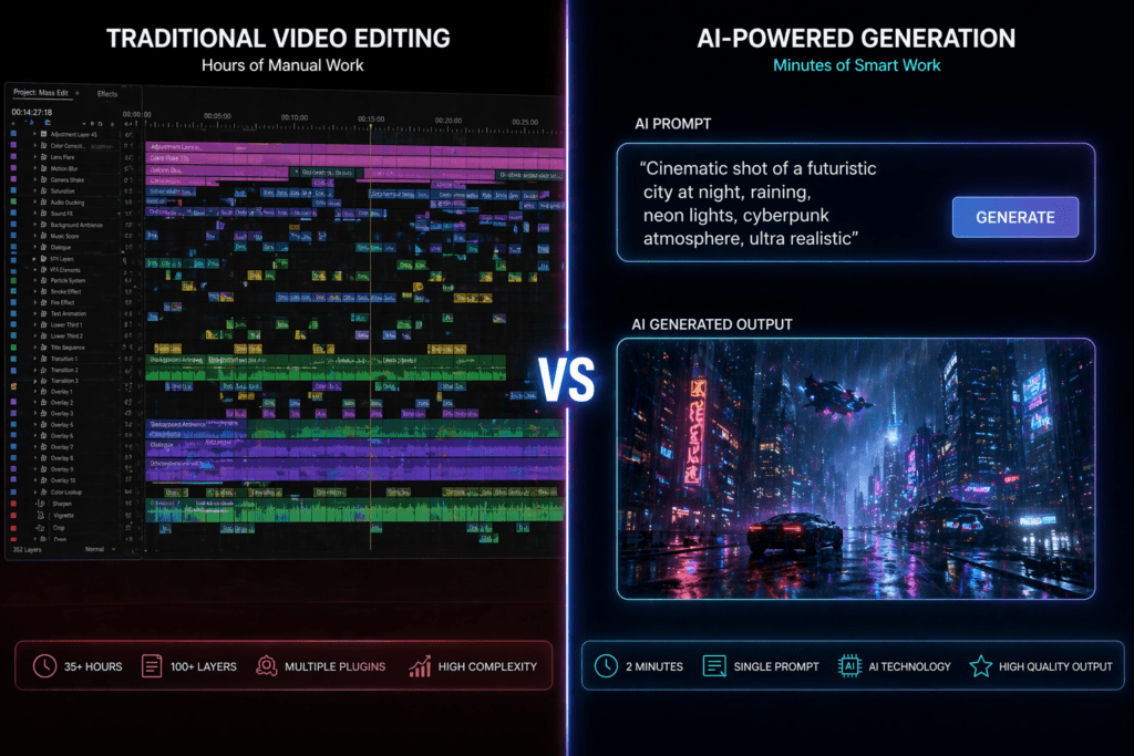 Traditional editing vs. the Text-to-Video AI Revolution workflow.