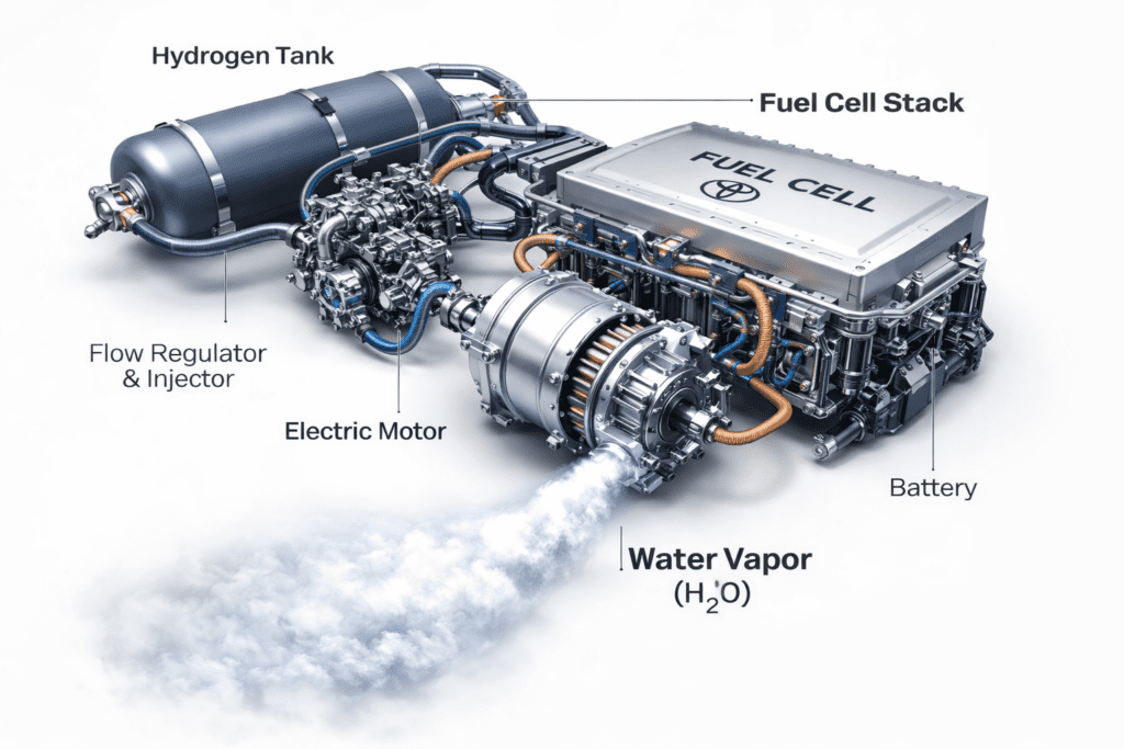 Toyota Hydrogen fuel cell engine mechanism and water exhaust